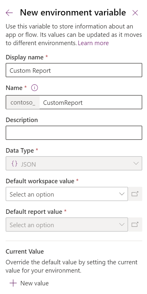 Pannello Variabile d'ambiente Power BI Embedded.