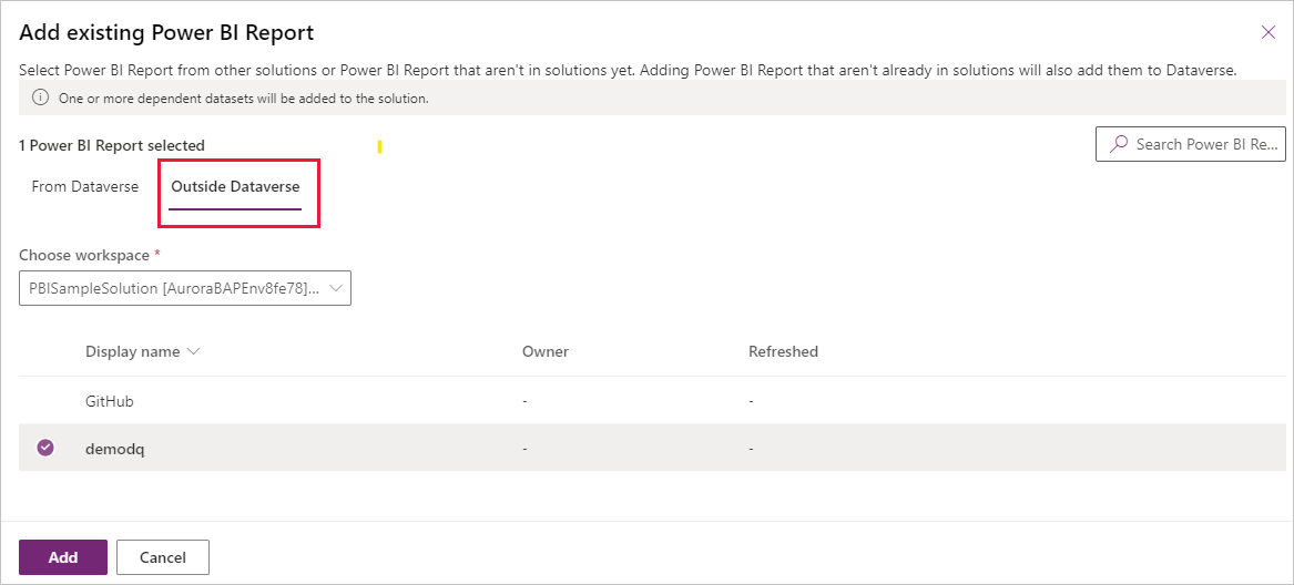 Screenshot che mostra la scheda Fuori da Dataverse per selezionare un elemento di Power BI esterno a Dataverse.