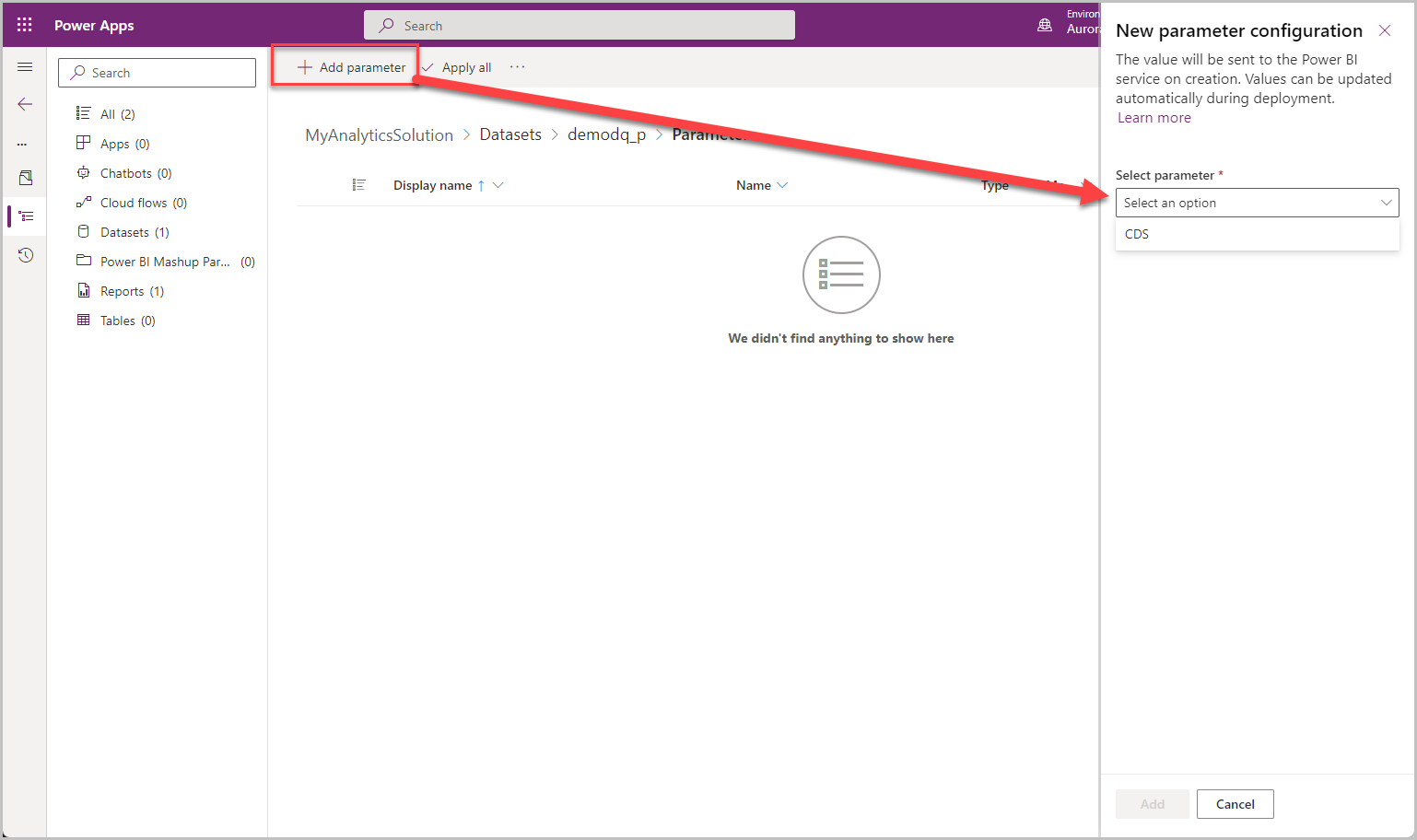 Screenshot di come aggiungere un nuovo parametro Power BI.