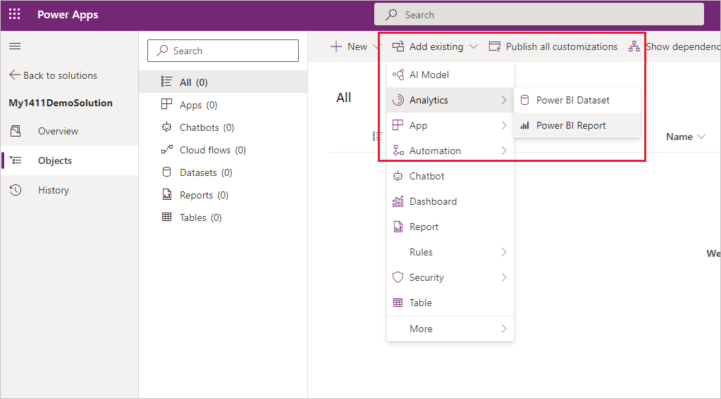 Screenshot del menu Aggiungi analisi che mostra le opzioni per i report e i set di dati dei componenti Power BI.