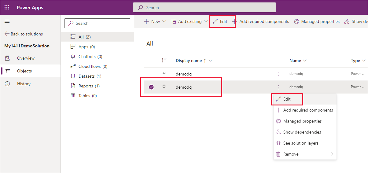 Screenshot che mostra i pulsanti di modifica per un componente Power BI.