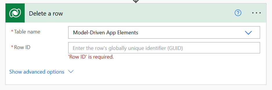 Elimina un'azione del flusso di riga utilizzando la riga della tabella Dataverse dell'elemento dell'app basata su modello