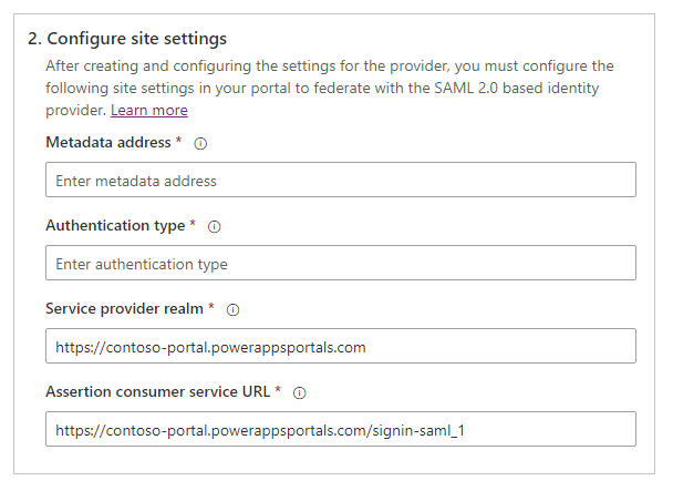 Configurare le impostazioni del sito SAML 2.0.