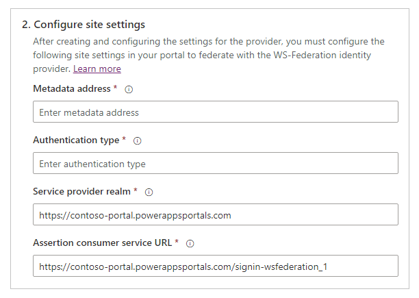 Configurare le impostazioni del sito WS-Federation.