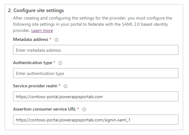 Configurare le impostazioni del sito SAML 2.0.