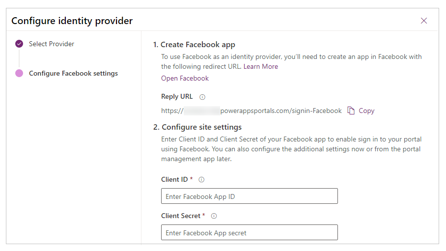 Configurare l'app Facebook.