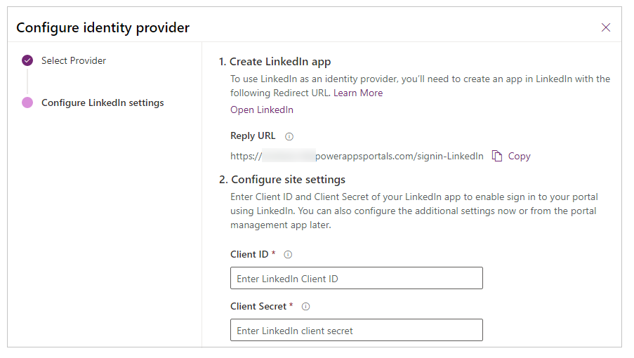 Configurare l'app LinkedIn.