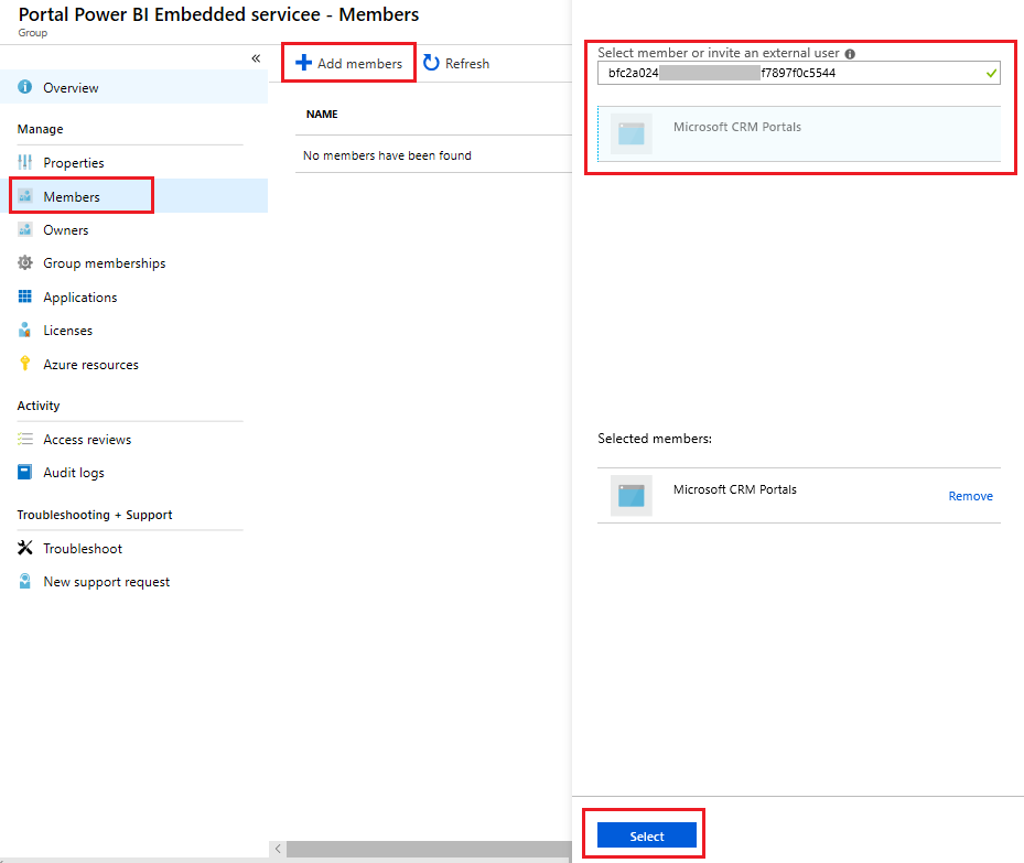 Aggiungere il membro al gruppo di sicurezza per il servizio Power BI Embedded.