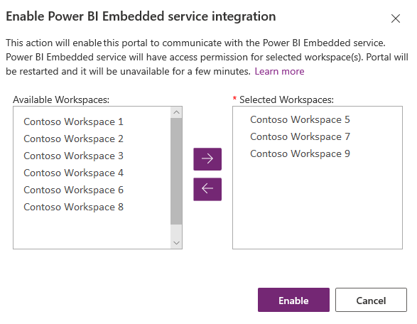 Aree di lavoro Power BI selezionate.