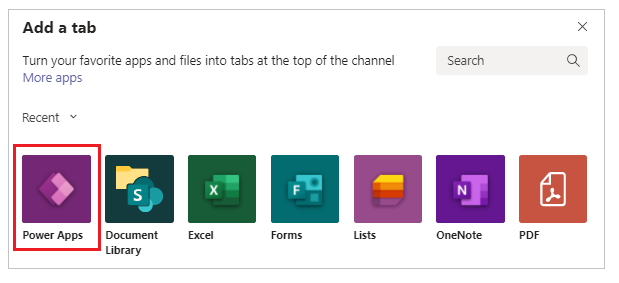 Aggiungere la scheda PowerApps.