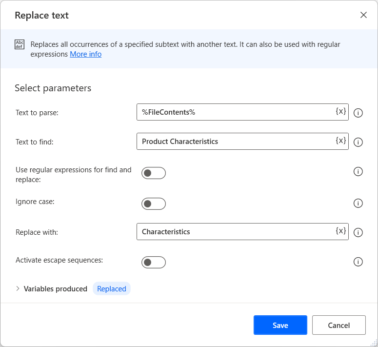 Screenshot delle proprietà dell'azione Sostituisci testo.