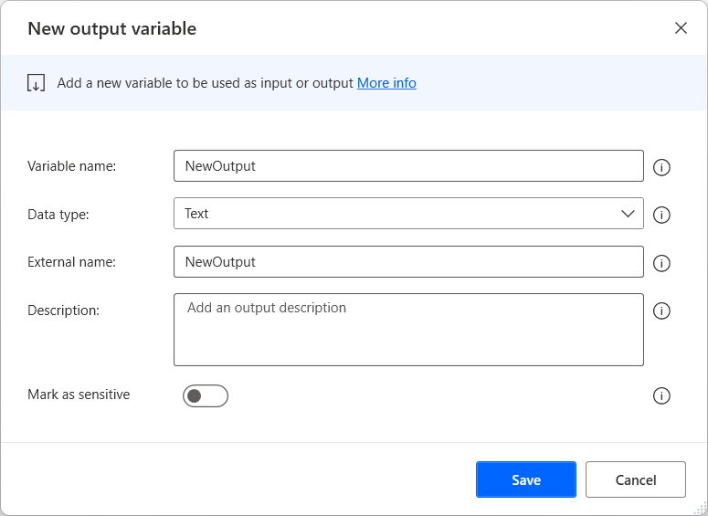 Screenshot della finestra di dialogo per creare una nuova variabile di output.