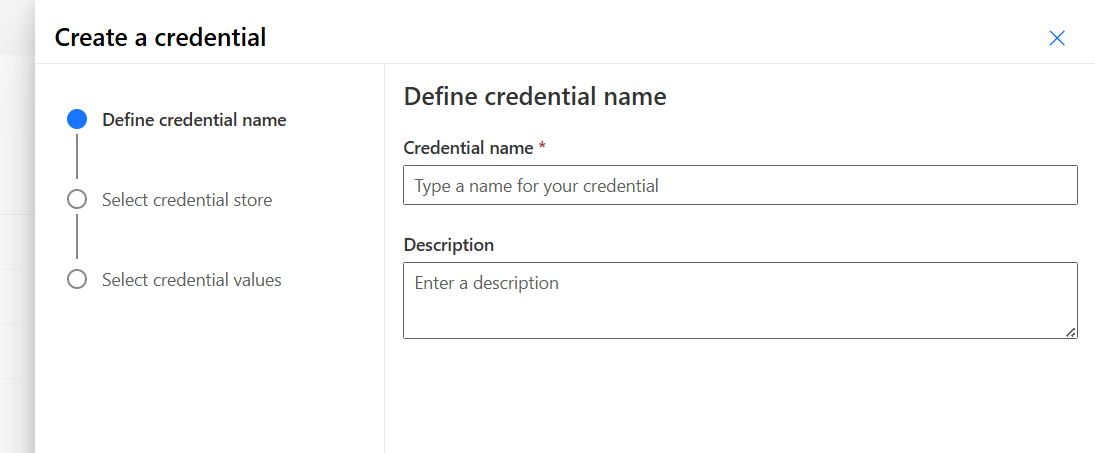 Screenshot della definizione del nome delle credenziali.