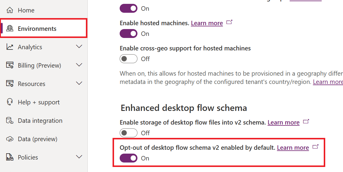 L'opzione nell'interfaccia di amministrazione Power Platform per disattivare lo schema v2 è abilitata per impostazione predefinita.