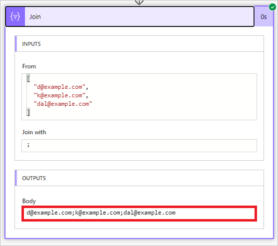 Screenshot dell'input di indirizzi separati da virgole, un join con valore di punto e virgola e l'output di quegli indirizzi separati da punto e virgola.