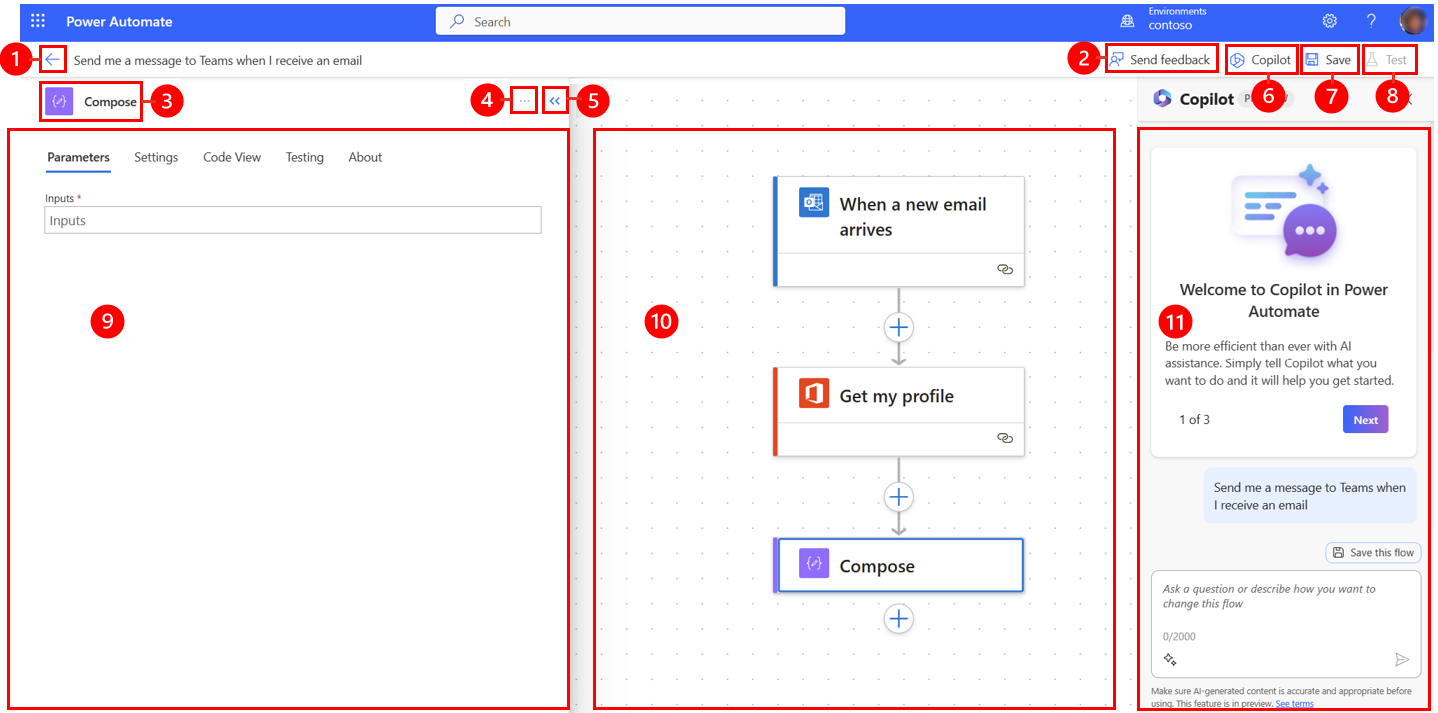 Screenshot della finestra di progettazione di flussi cloud con Copilot.