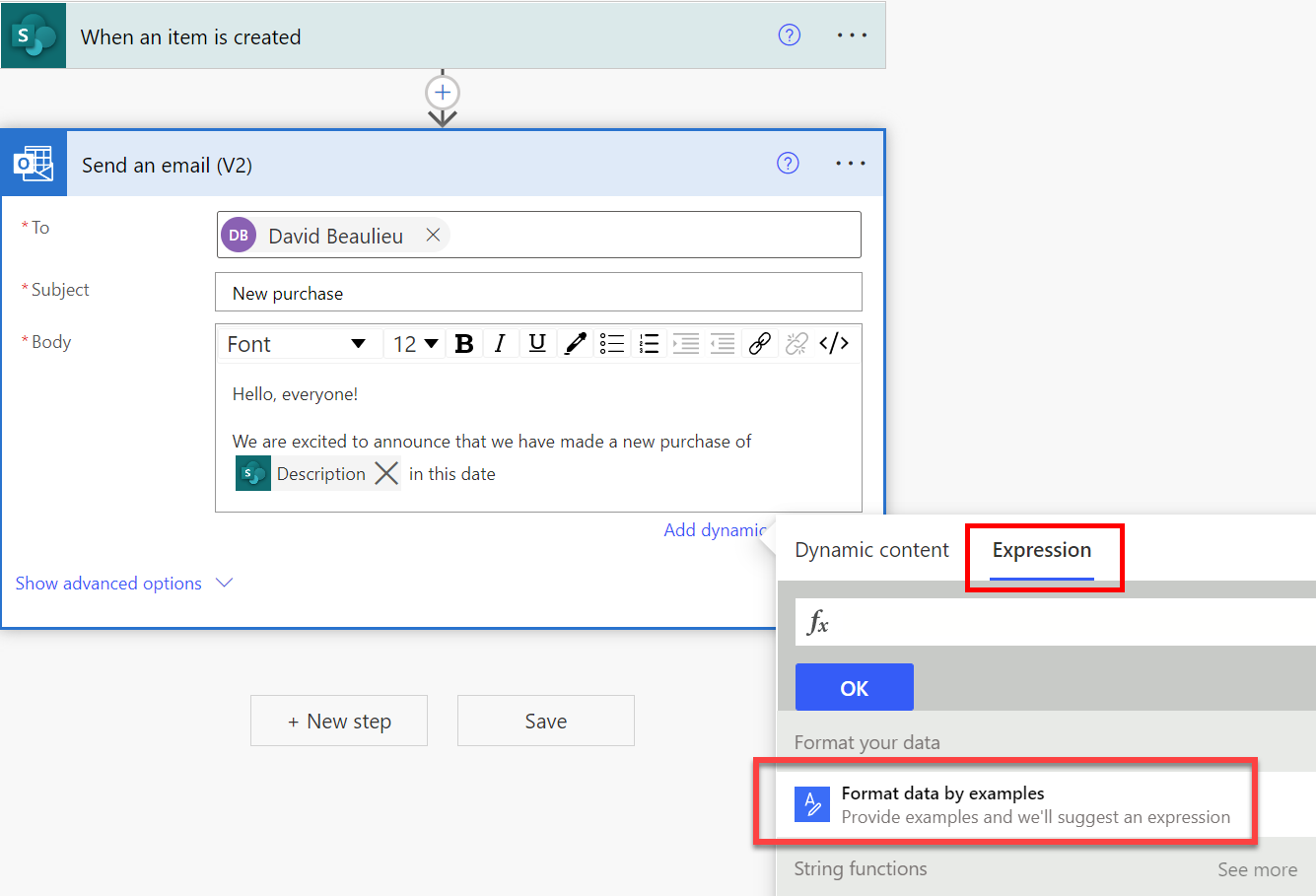 Schermata dell'opzione per aprire la funzionalità Formatta dati in base a esempi nel menu Espressione.