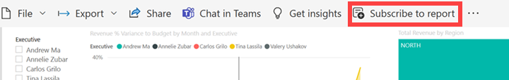 Screenshot che mostra l'icona Sottoscrivi report sulla barra dei menu superiore.