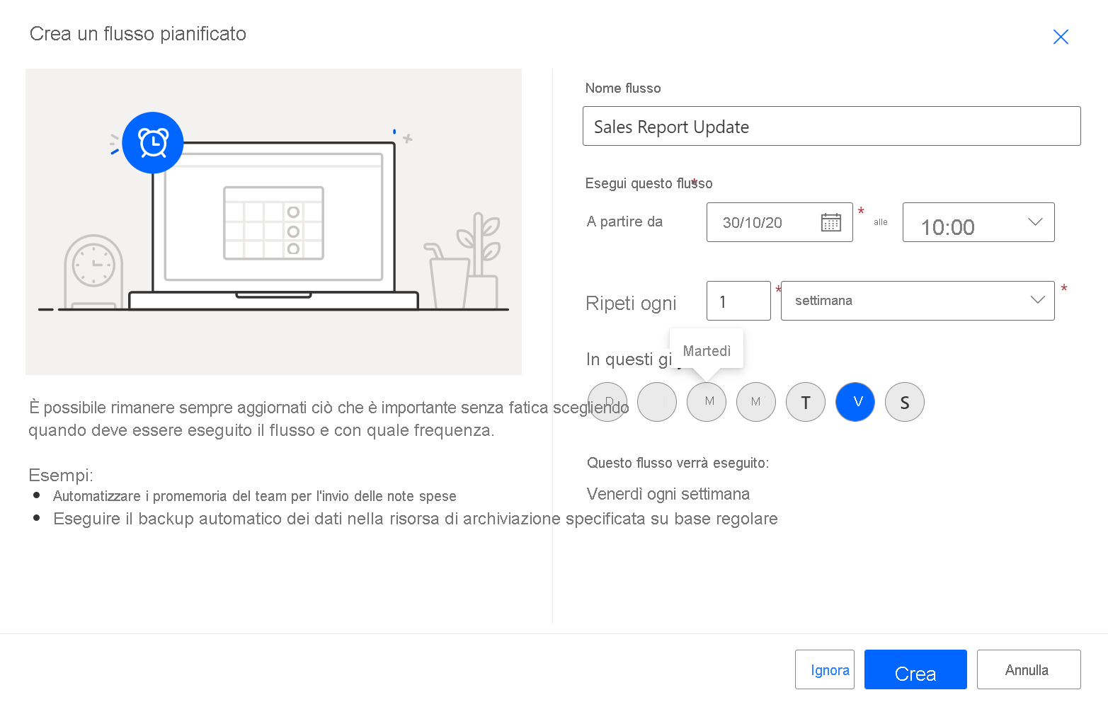 Screenshot showing the build a scheduled cloud flow dialog.