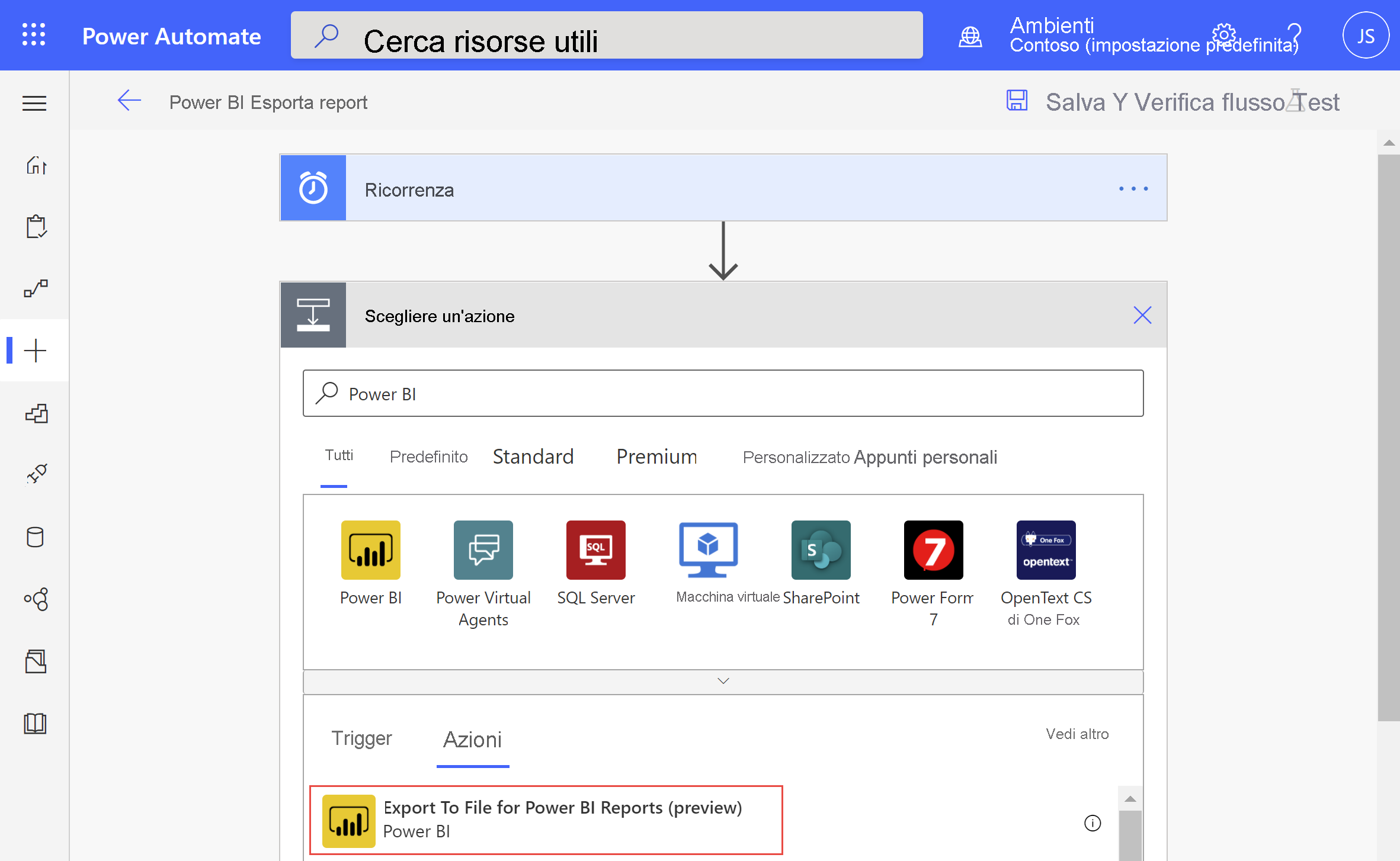 Screenshot showing the Power Automate dialog for choosing an operation. Export to file for Power BI reports is highlighted.