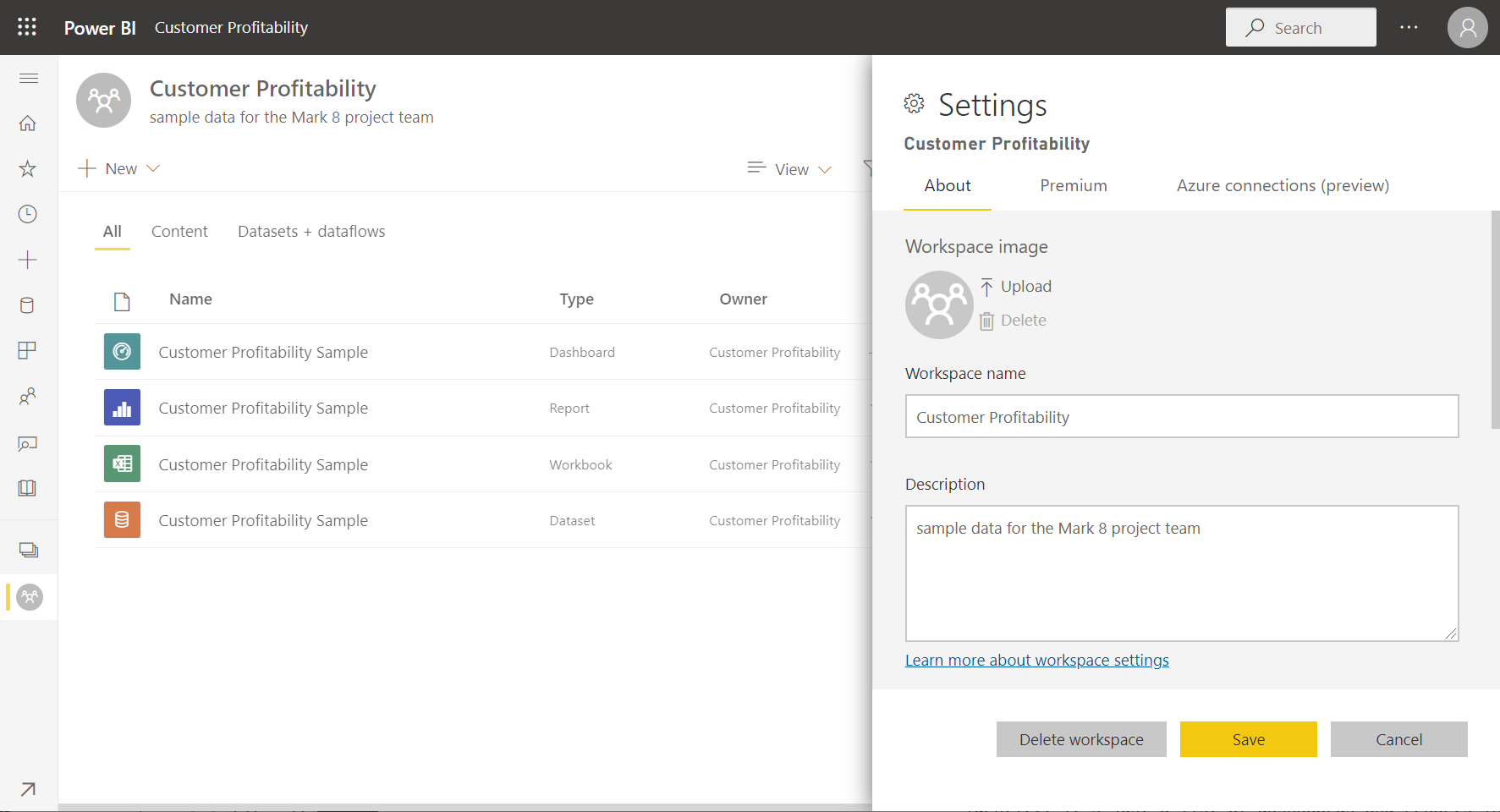 Screenshot di un'area di lavoro in Power BI.