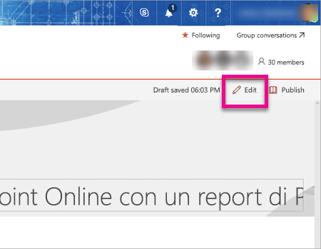 Screenshot della pagina delle modifiche di SharePoint con l'opzione di modifica evidenziata.