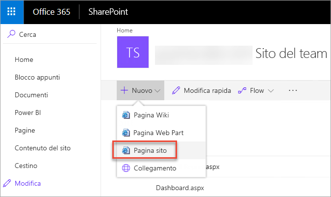 Screenshot della finestra di SharePoint. Pagine sono evidenziate nel riquadro di spostamento. La pagina del sito è selezionata.