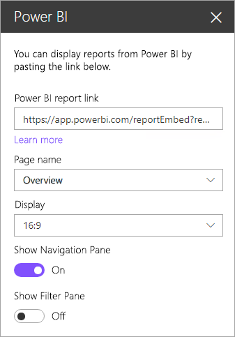 Screenshot della finestra delle nuove proprietà della Web part di SharePoint con il collegamento report di Power BI evidenziato.