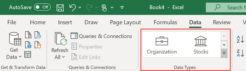 Screenshot della raccolta Tipi di dati nella barra multifunzione Dati di Excel.