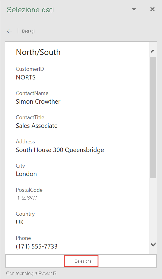 Screenshot dei dettagli di Selezione dati.