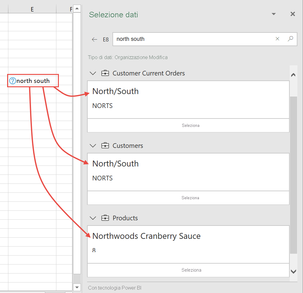 Screenshot del riquadro Selezione dati di Excel con più possibilità.