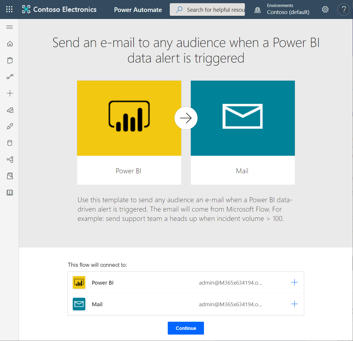 Screenshot dell'opzione di Power Automate per inviare messaggi di posta elettronica a Power BI.