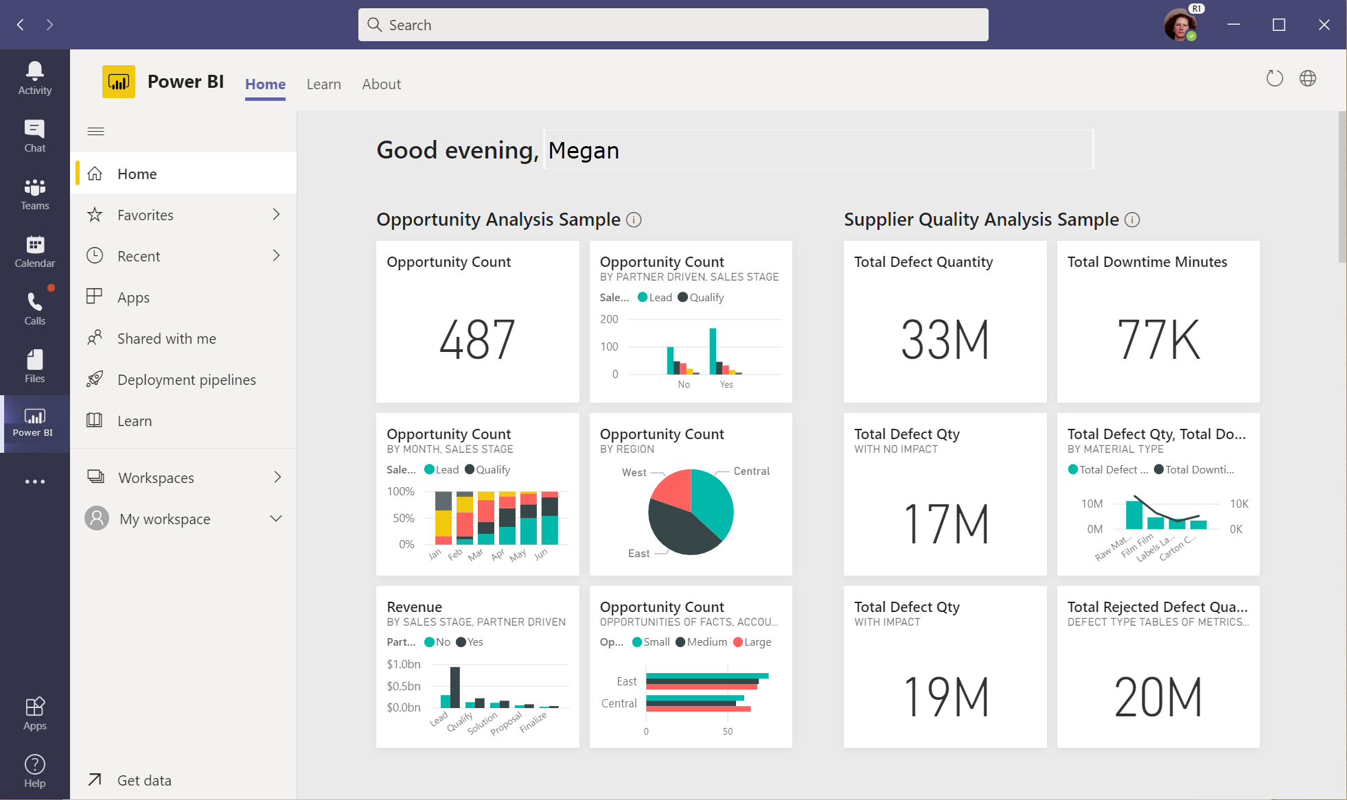 Screenshot della pagina iniziale dell'app Power BI in Microsoft Teams che mostra la scheda In Teams selezionata.