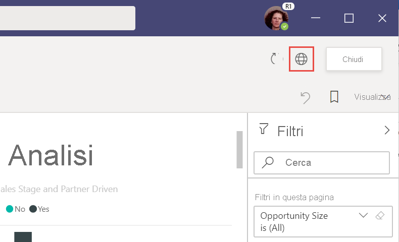 Screenshot del pulsante Web nell'app Power BI in Microsoft Teams.