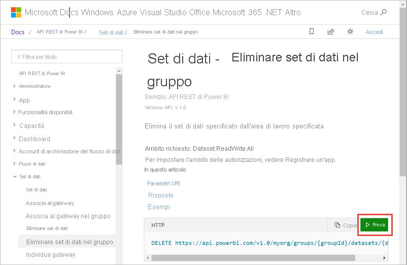 Screenshot che mostra l'opzione Elimina modello semantico Prova.