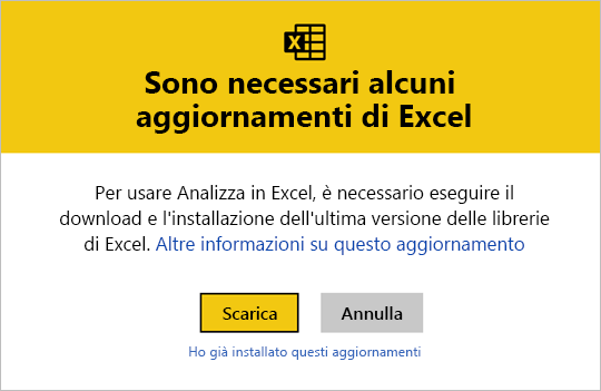 Screenshot degli aggiornamenti di Excel.