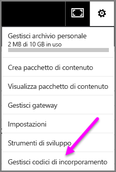 Screenshot di Gestisci codici di incorporamento