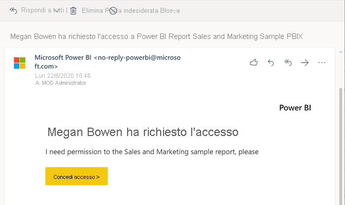 Screenshot del messaggio di posta elettronica che richiede l’accesso al report.