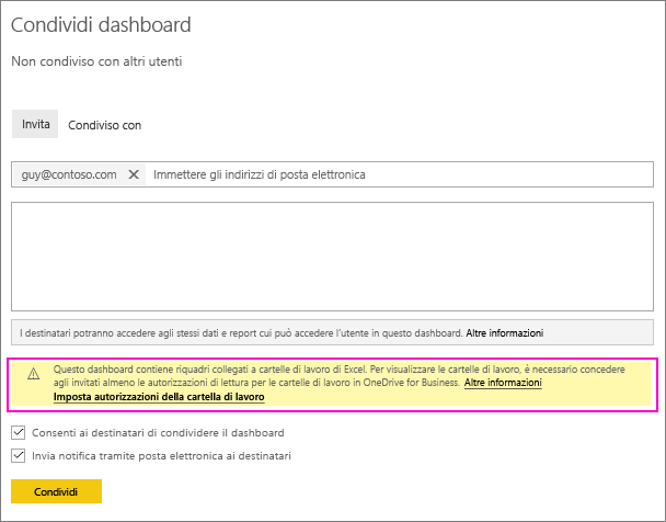 Screenshot che mostra la finestra di dialogo Condividi dashboard.