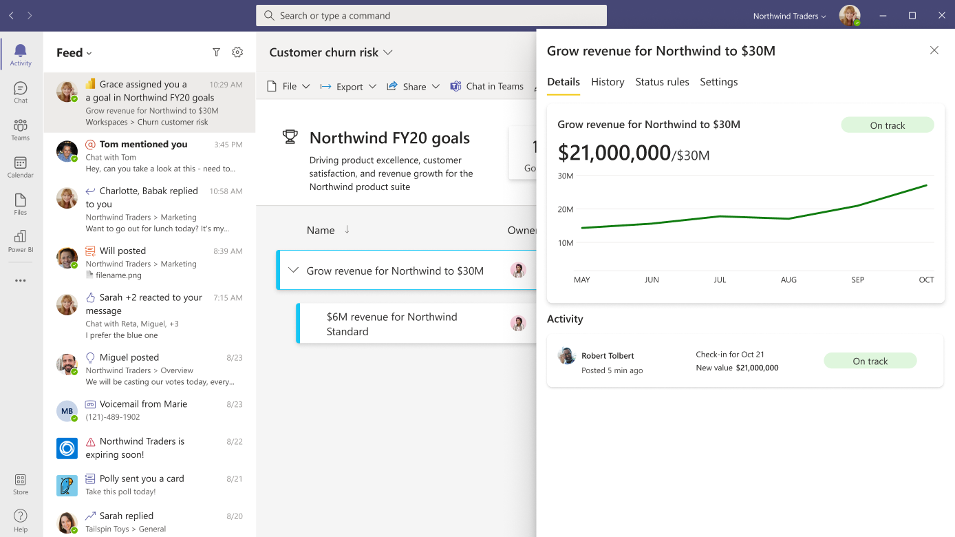 Screenshot che mostra le notifiche di assegnazione delle metriche di Power BI nel feed attività di Microsoft Teams.