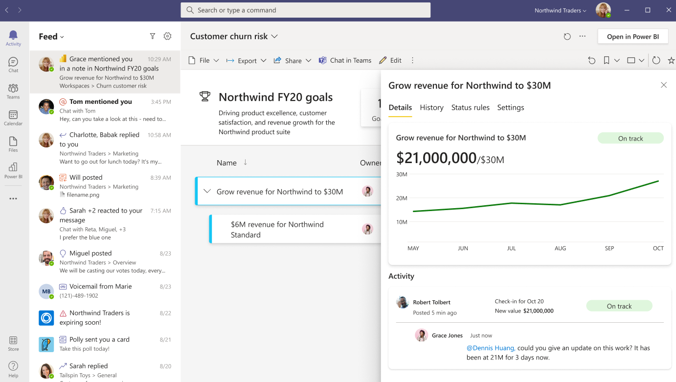 Screenshot che mostra l'opzione Ottieni notifiche di menzione delle metriche di Power BI nel feed attività di Microsoft Teams.