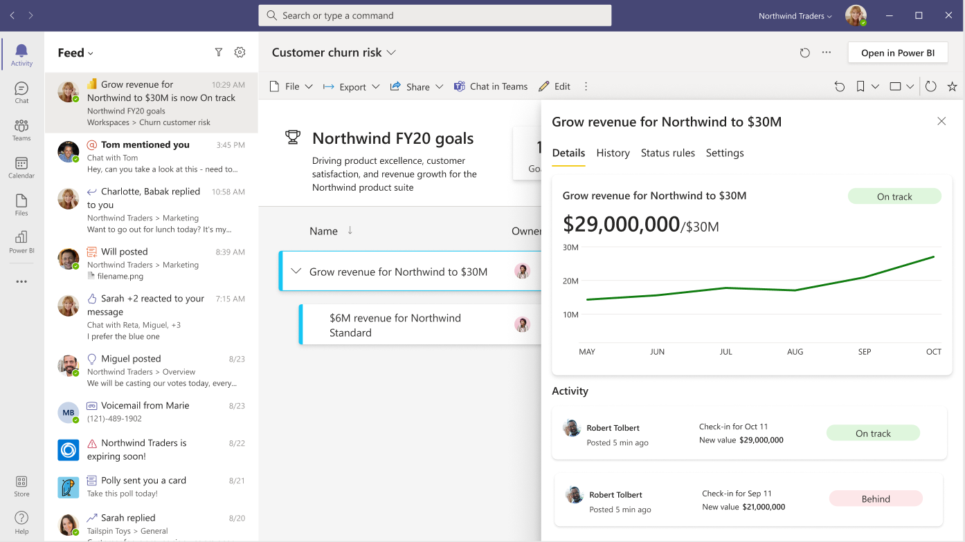 Screenshot che mostra le notifiche di aggiornamento dello stato delle metriche di Power BI nel feed attività di Microsoft Teams.