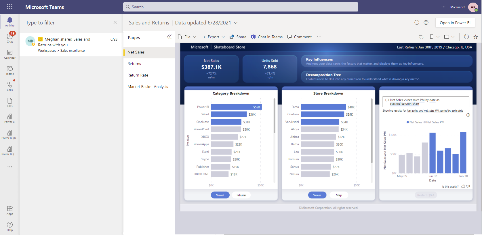 Screenshot che mostra l'opzione Ottieni notifiche di Power BI nel feed attività di Microsoft Teams.