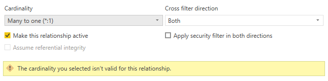 Screenshot della finestra di dialogo della relazione che mostra un errore che indica che la cardinalità selezionata non è valida per questa relazione, correlata al rilevamento di valori duplicati.