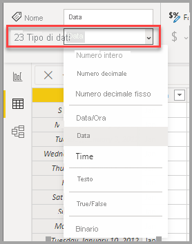 Screenshot della visualizzazione dati, che mostra la selezione dell'elenco a discesa Tipo di dati.