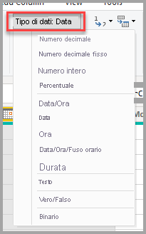 Screenshot dell'editor di Power Query che mostra la selezione a discesa Tipo di dati.