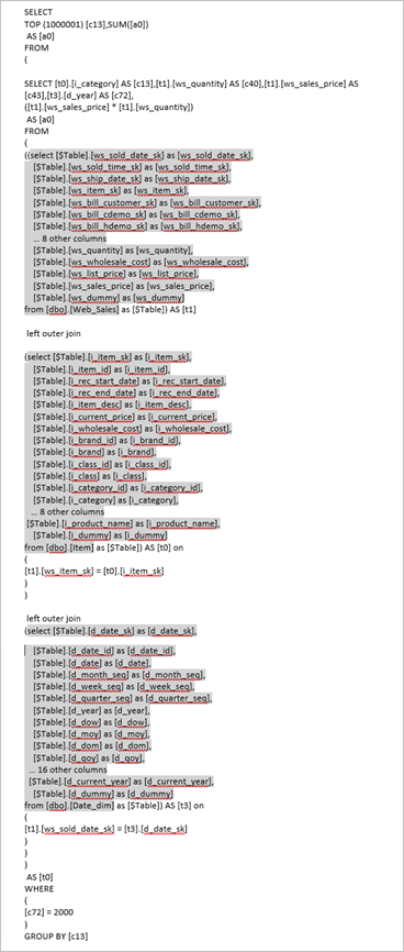 Screenshot di una query T-SQL che mostra sottoquery incorporate, una per ogni tabella del modello.