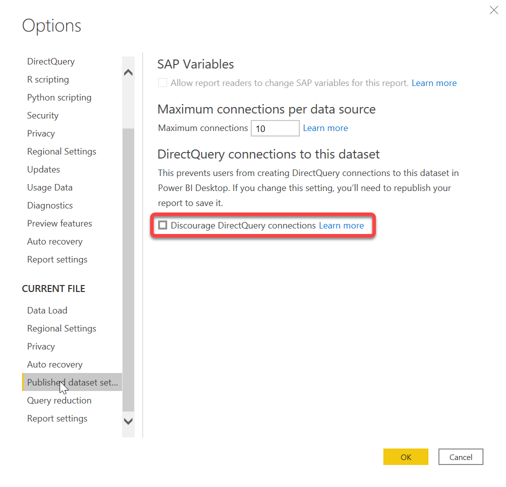 Screenshot dell'impostazione Scoraggiare le connessioni DirectQuery nel menu Opzioni di Power BI Desktop.