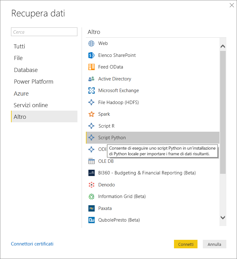 Screenshot che mostra l'opzione Recupera dati con lo script Python selezionato.