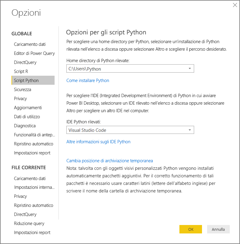 Screenshot che mostra le opzioni di script Python per Power BI Desktop.